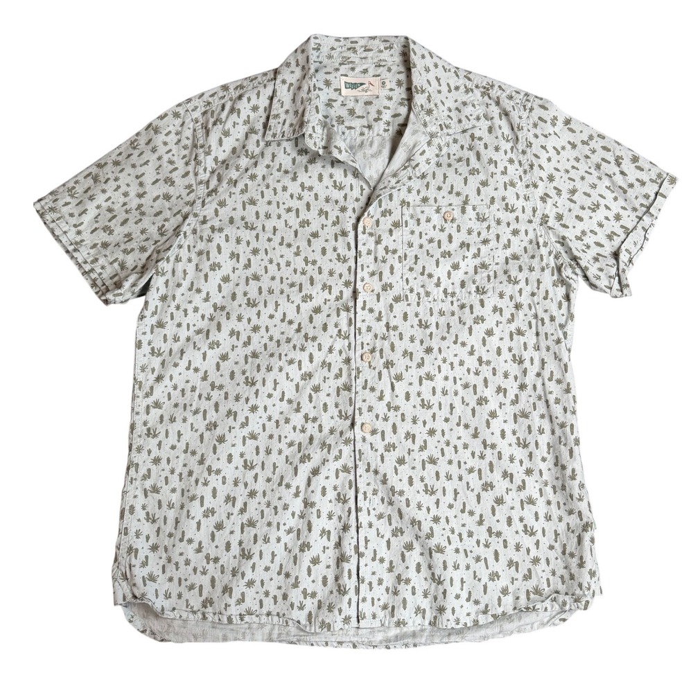 Wellen Mens Organic Cotton Cactus Print Short Sleeve Camp Shirt Blue Green M